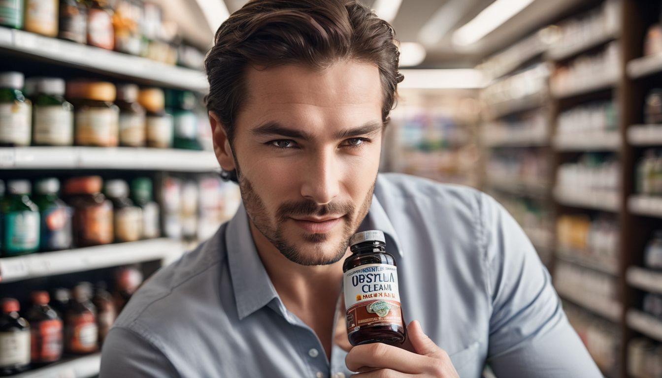 A confident man holds a bottle of Stamina for Men® in a pharmacy.
