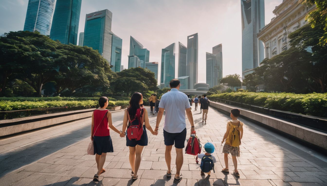 An Asian family explores Singapore's iconic landmarks in a bustling cityscape.