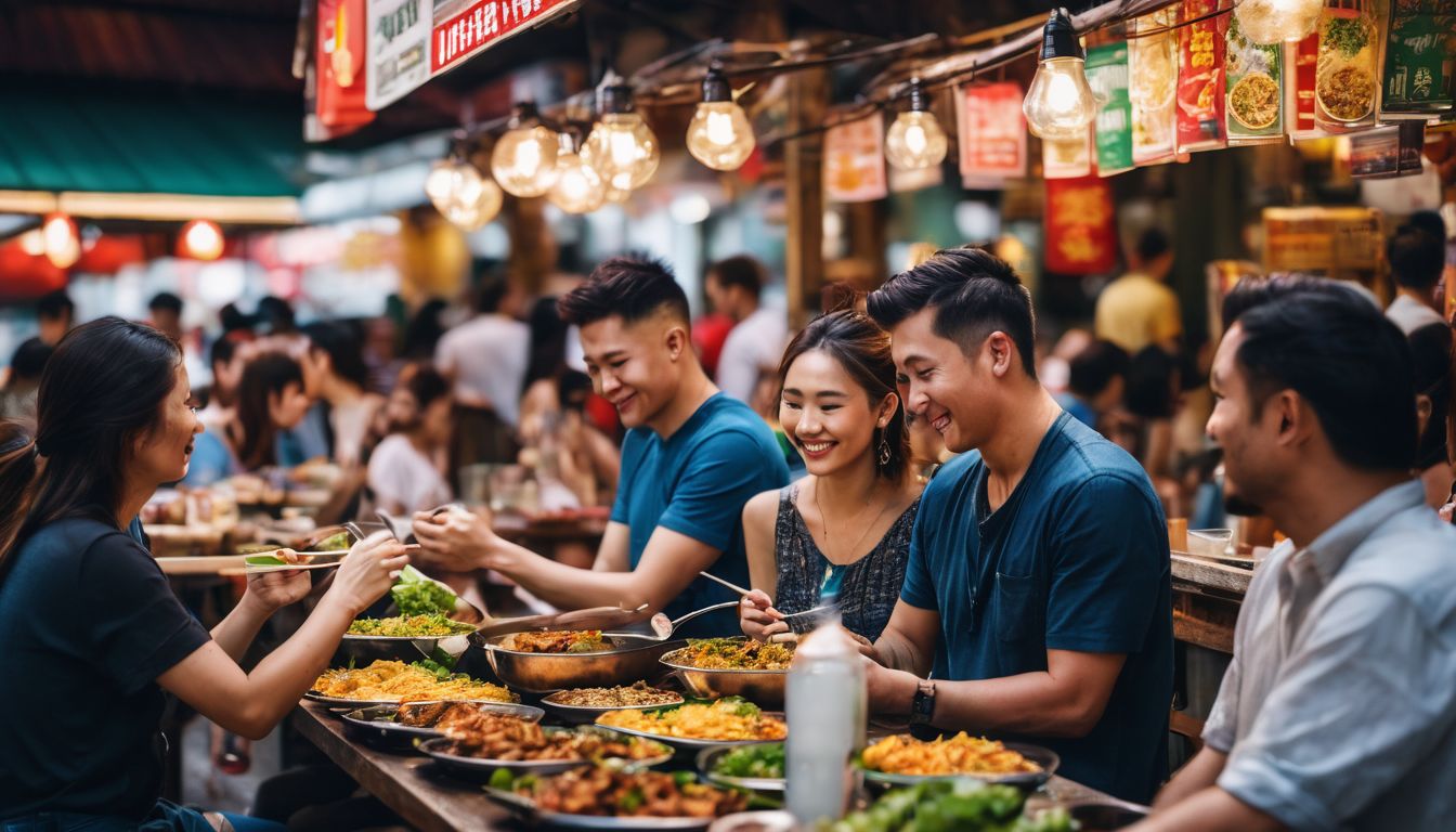 A vibrant hawker center filled with diverse people enjoying local cuisine, captured in a crystal clear photograph.