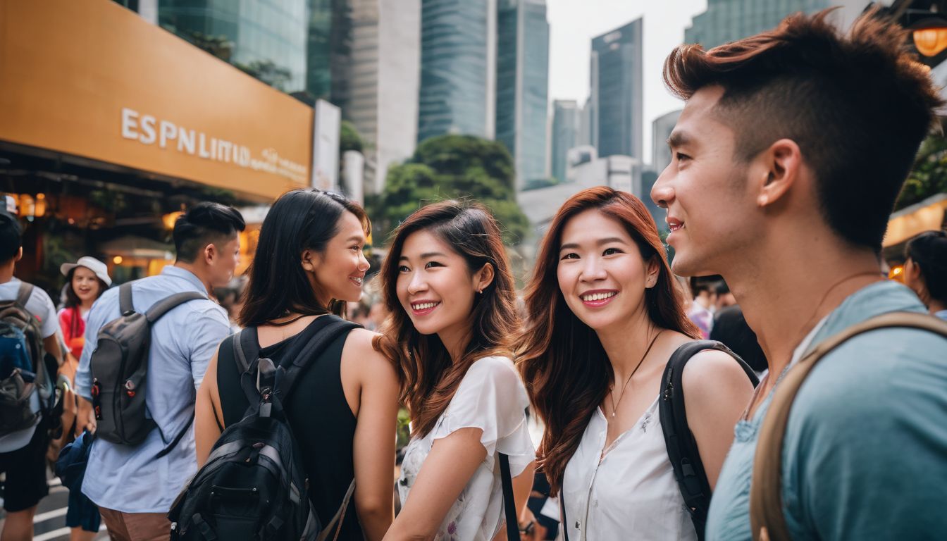 A diverse group of tourists explore various attractions in Singapore, captured in a vibrant and cinematic photograph.