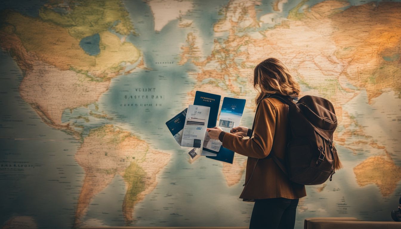 A traveler poses in front of a world map, holding a passport and credit card, ready for adventure.