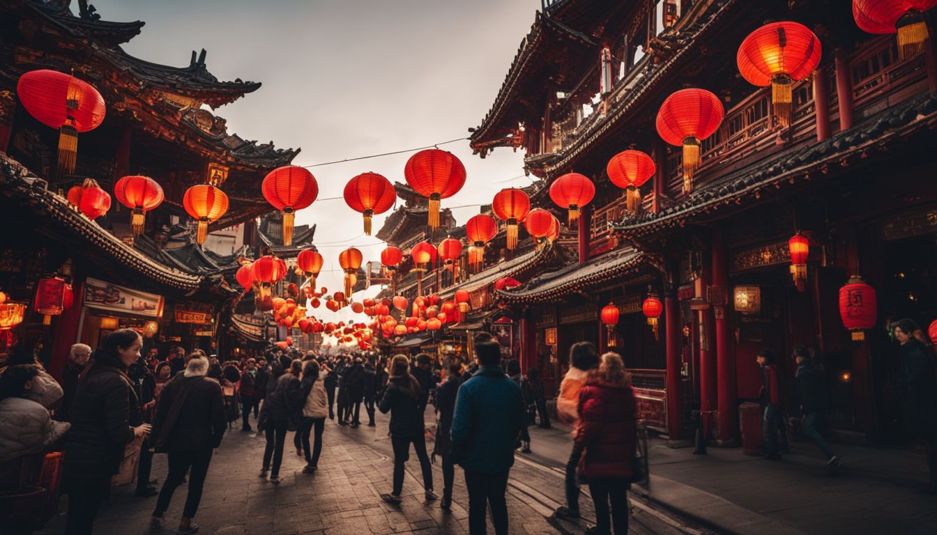 A vibrant Chinese lantern hangs in front of a busy street in Chinatown, capturing the bustling atmosphere of the city.