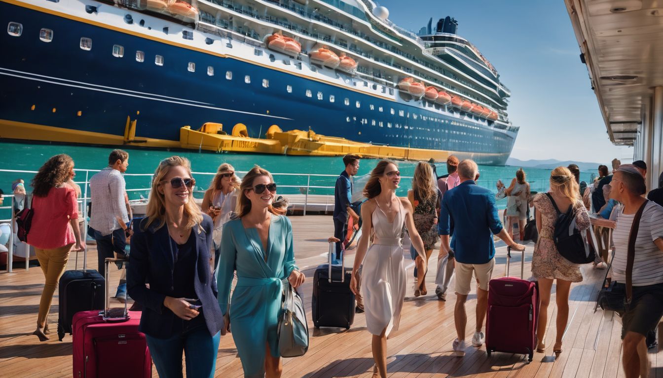A diverse group of people boarding a cruise ship with their luggage.