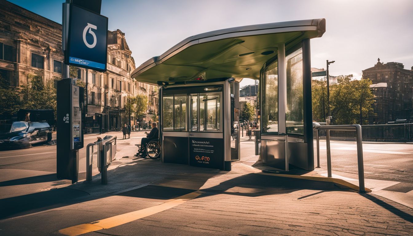 A wheelchair accessible bus stop with a ramp and wheelchair sign in a bustling cityscape.