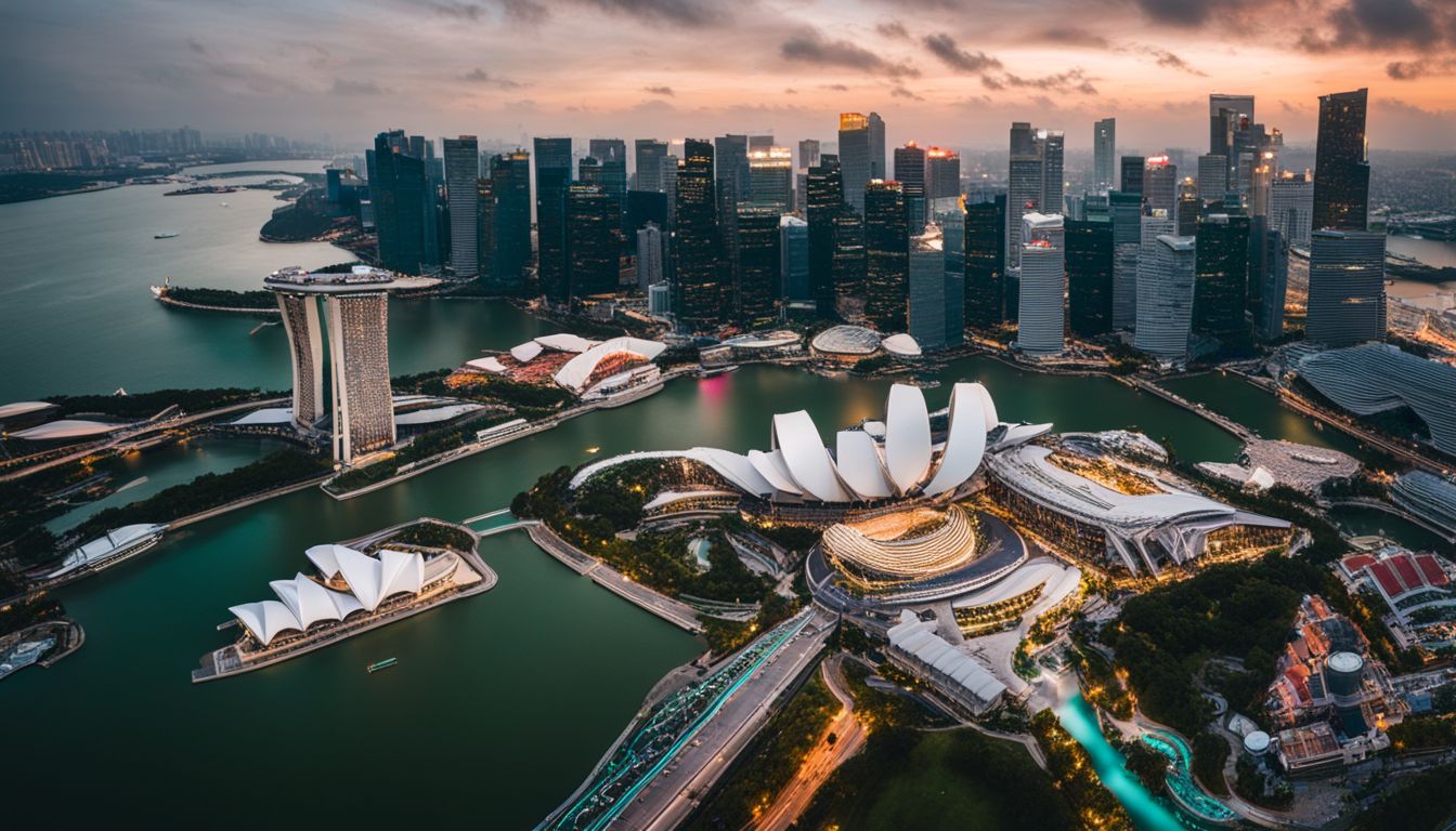 An aerial view of the bustling Singapore cityscape featuring the iconic Marina Bay Sands.