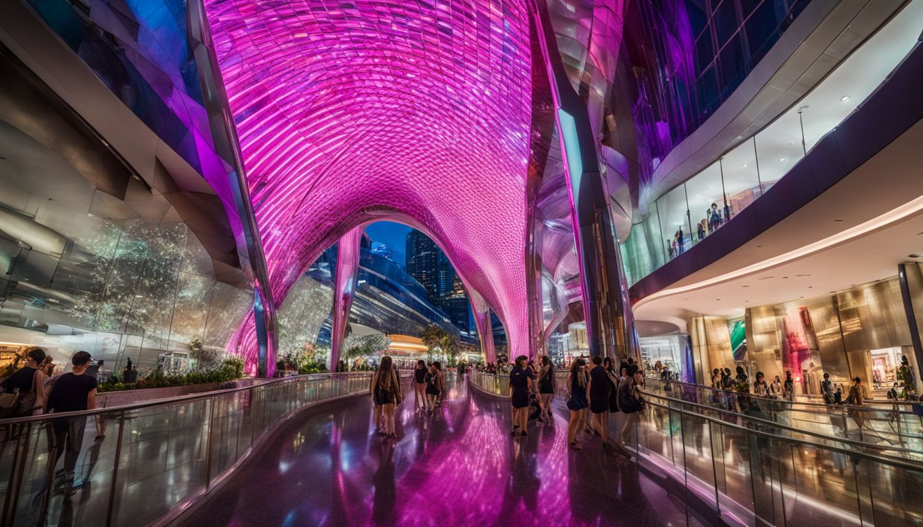 A vibrant night scene of ION Orchard showcasing its futuristic architecture and bustling atmosphere.