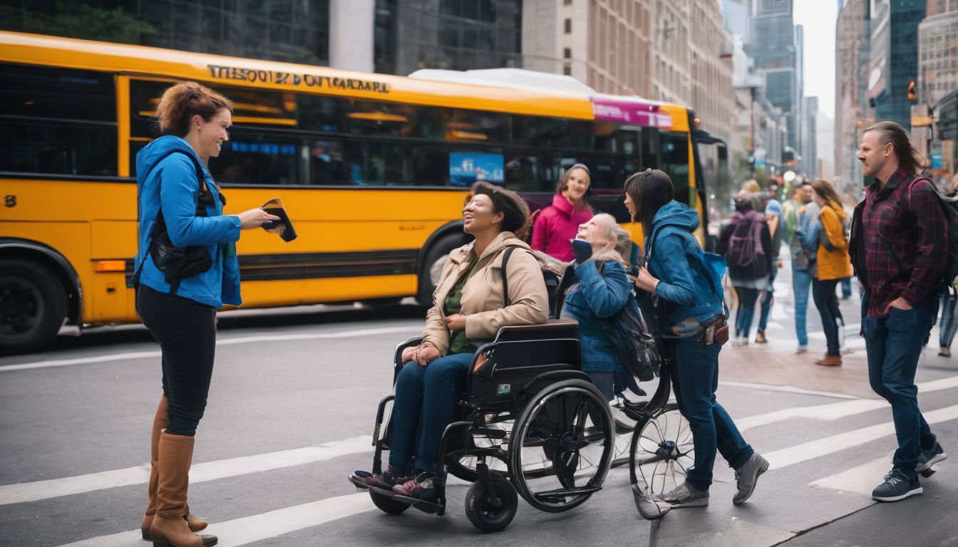 Photo of a diverse group of people with disabilities boarding a wheelchair-accessible bus in a bustling atmosphere.