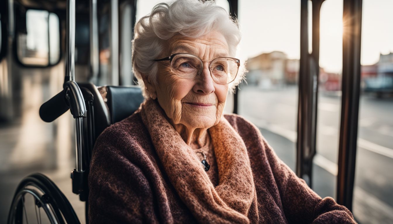 An elderly woman in a wheelchair using a wheelchair-accessible bus in a bustling city.