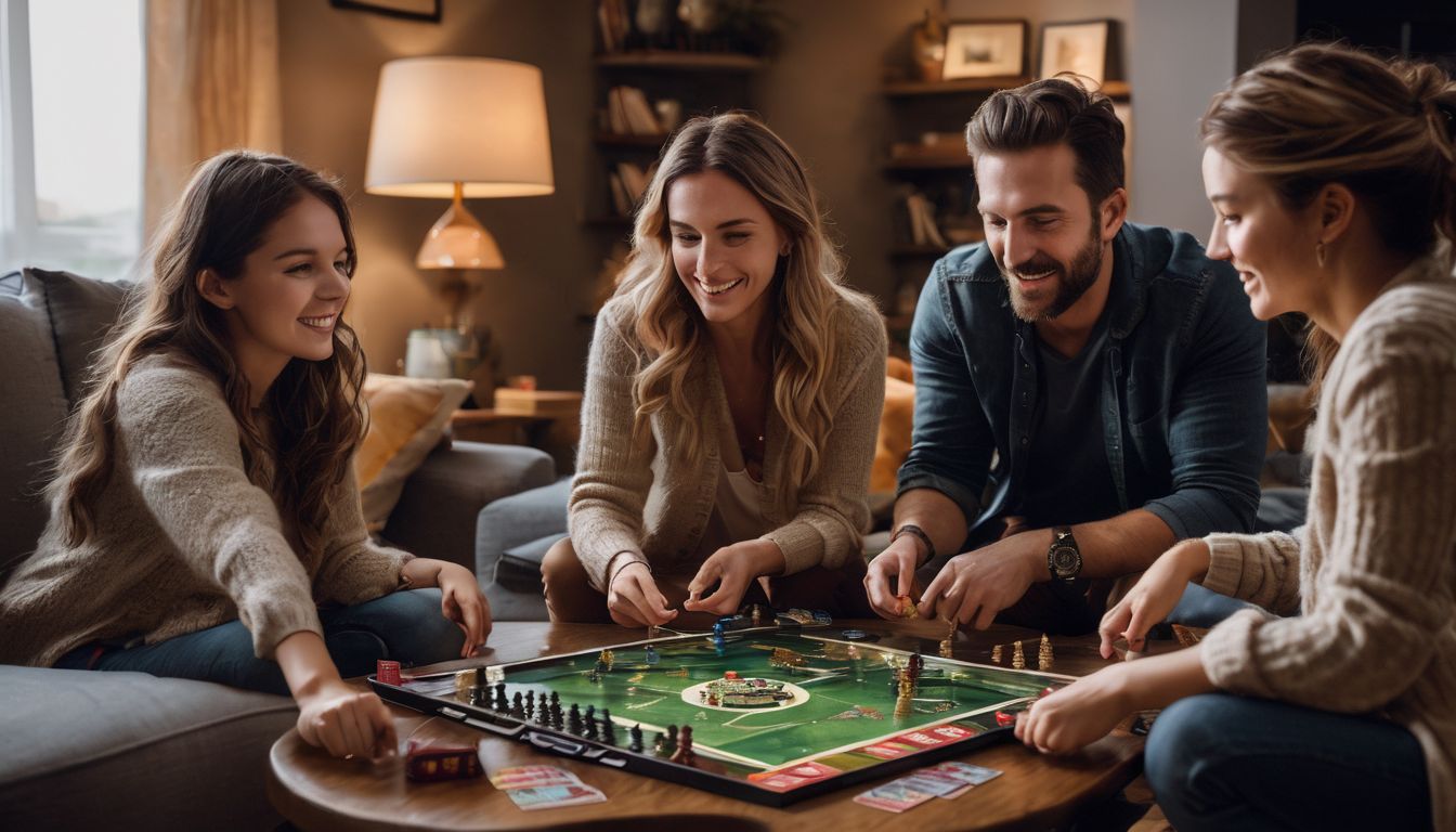 A family enjoys playing board games together in a cozy living room.