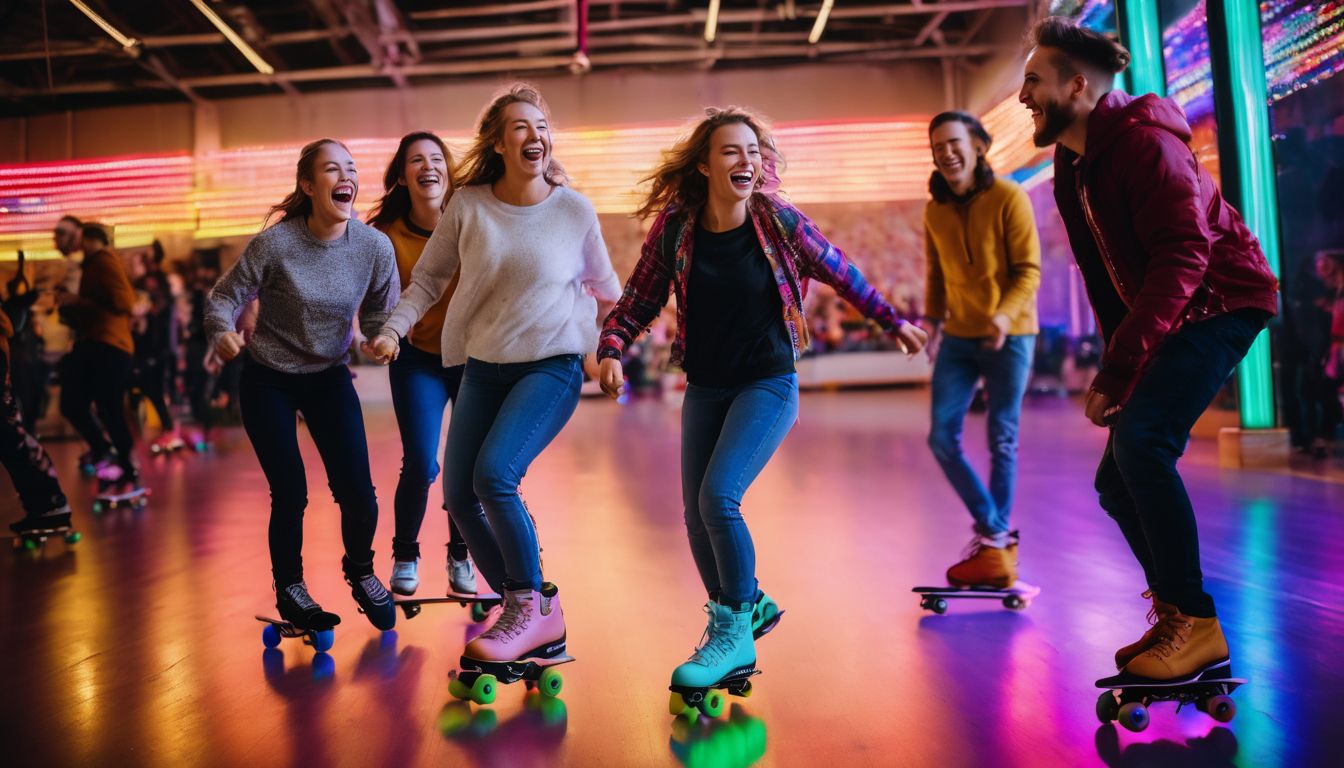 A diverse group of friends enjoys roller-skating together in a vibrant and energetic atmosphere.