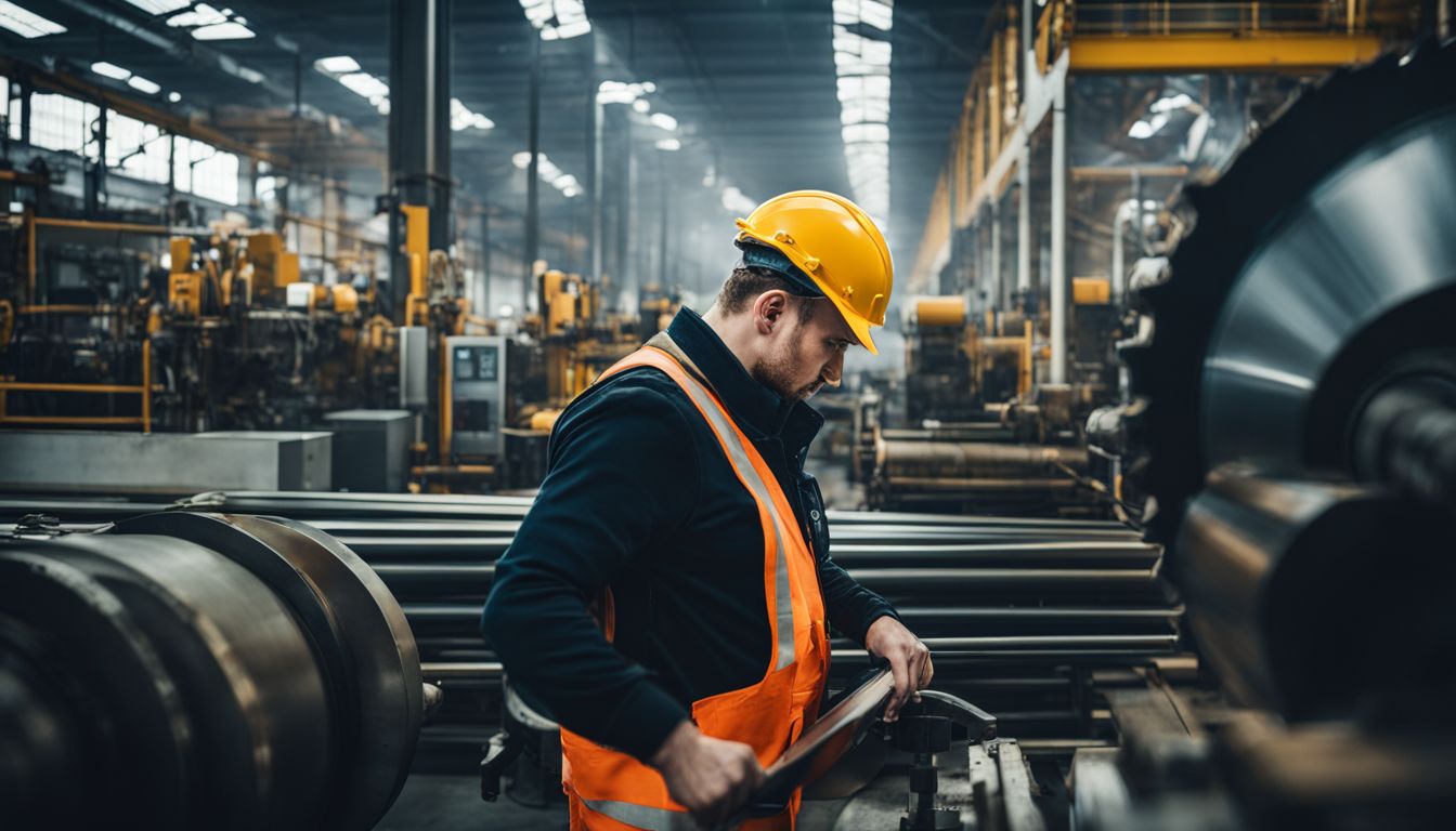 A modern factory worker surrounded by machinery in a bustling atmosphere.