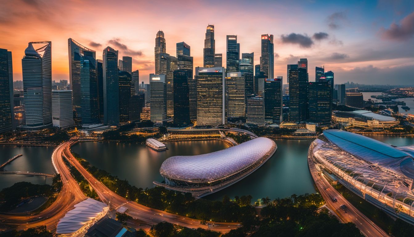A stunning panoramic view of the bustling Singapore skyline at sunset, showcasing a variety of faces, hairstyles, and outfits.