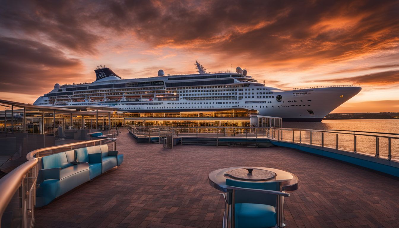 The International Passenger Terminal at sunset with a docked cruise ship, showing a bustling atmosphere and a well-lit scenery.