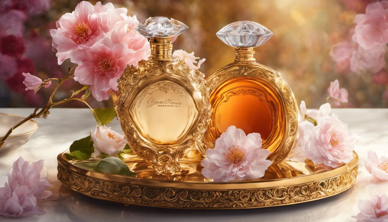 A luxurious perfume bottle surrounded by vibrant flowers on a golden tray.