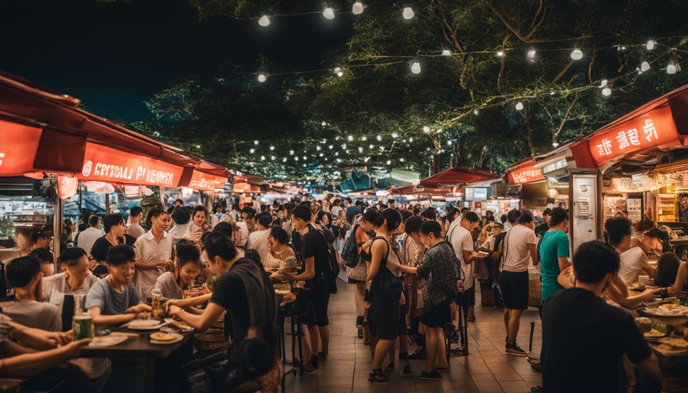 A crowded hawker center in Singapore with people using various cashless payment methods and enjoying the bustling atmosphere.