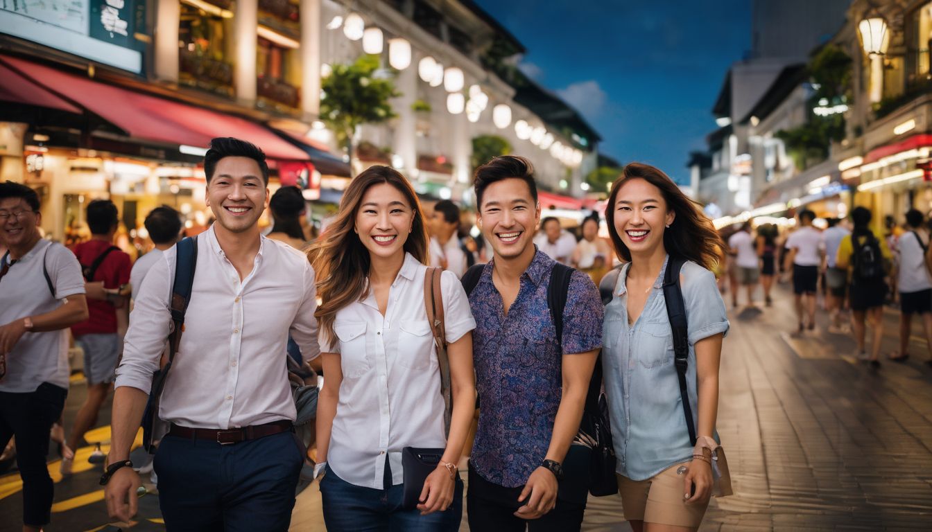 A diverse group of tourists smiling and exploring Singapore's vibrant city streets.