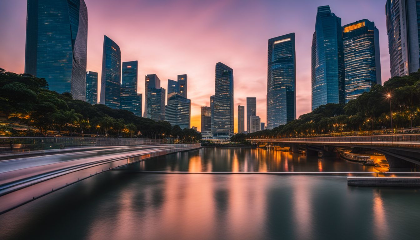 A vibrant and picturesque Singapore skyline at sunset, captured with a wide-angle lens for stunning detail.