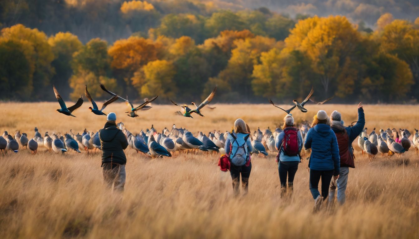 A group of bird enthusiasts capture a flock of colorful birds in flight, using various equipment and techniques.