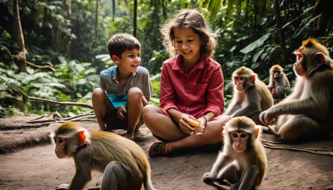 Children observing playful monkeys in a lush jungle environment.
