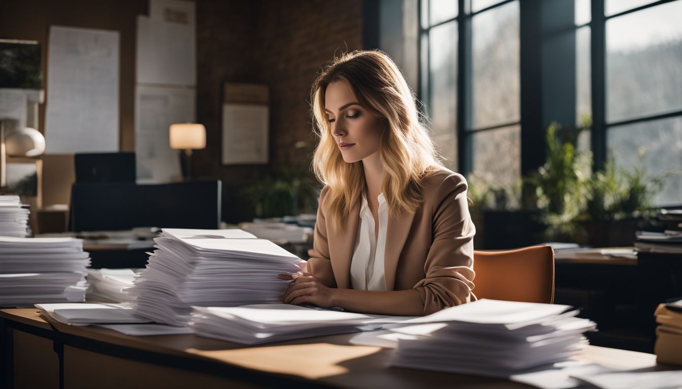 A woman is sitting alone in a cluttered office surrounded by stacks of paperwork.