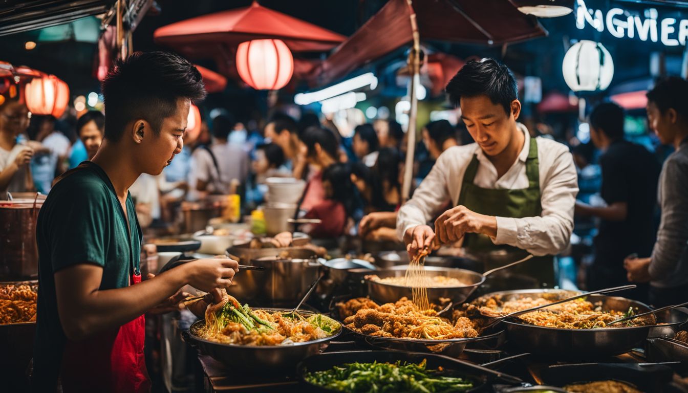 A vibrant hawker center filled with people enjoying late-night street food in a bustling cityscape.