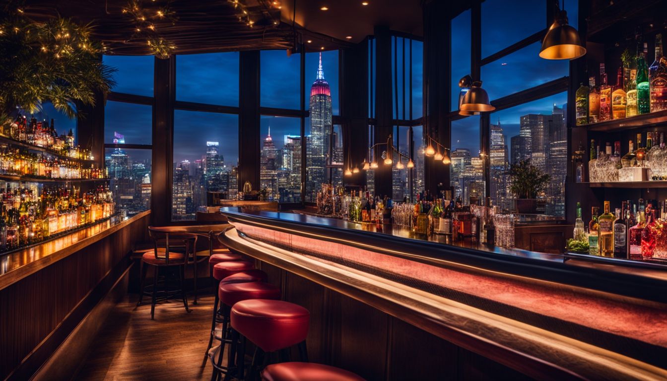A vibrant bar scene featuring a variety of cocktails and a bustling cityscape in the background.