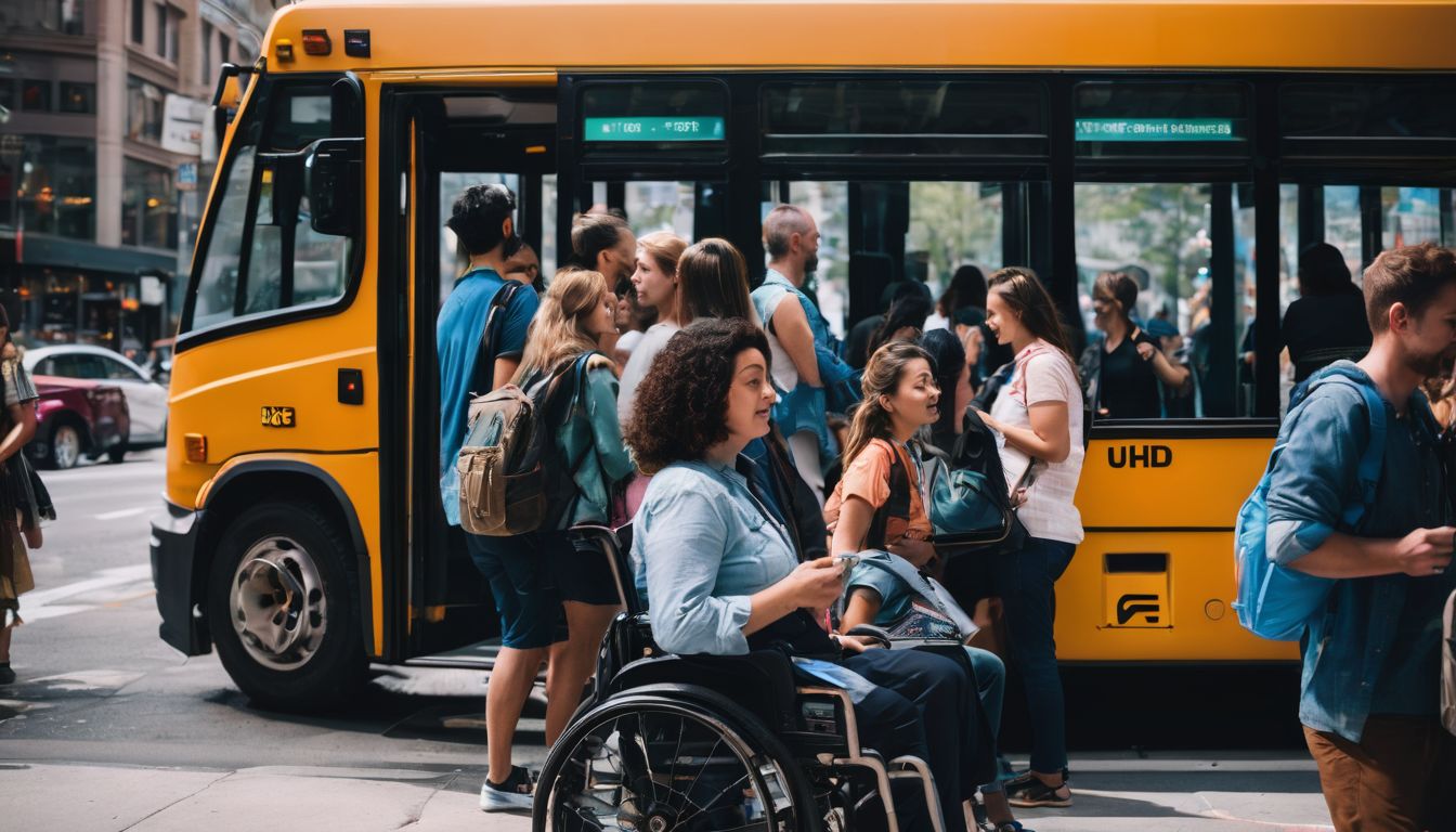 A crowded bus stop with diverse individuals waiting for a wheelchair-accessible bus, captured in a highly detailed and well-lit photograph.