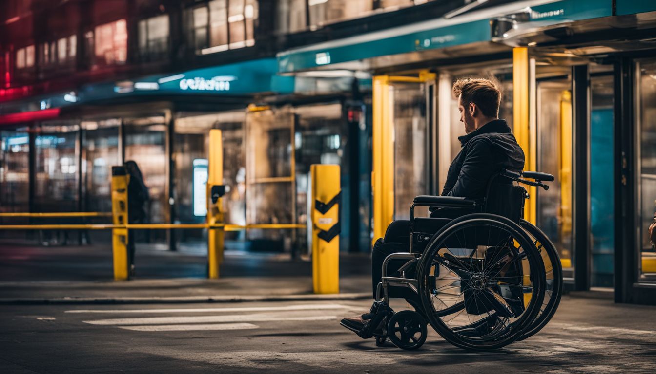 A wheelchair is parked outside an inaccessible bus stop surrounded by barriers in a bustling urban setting.