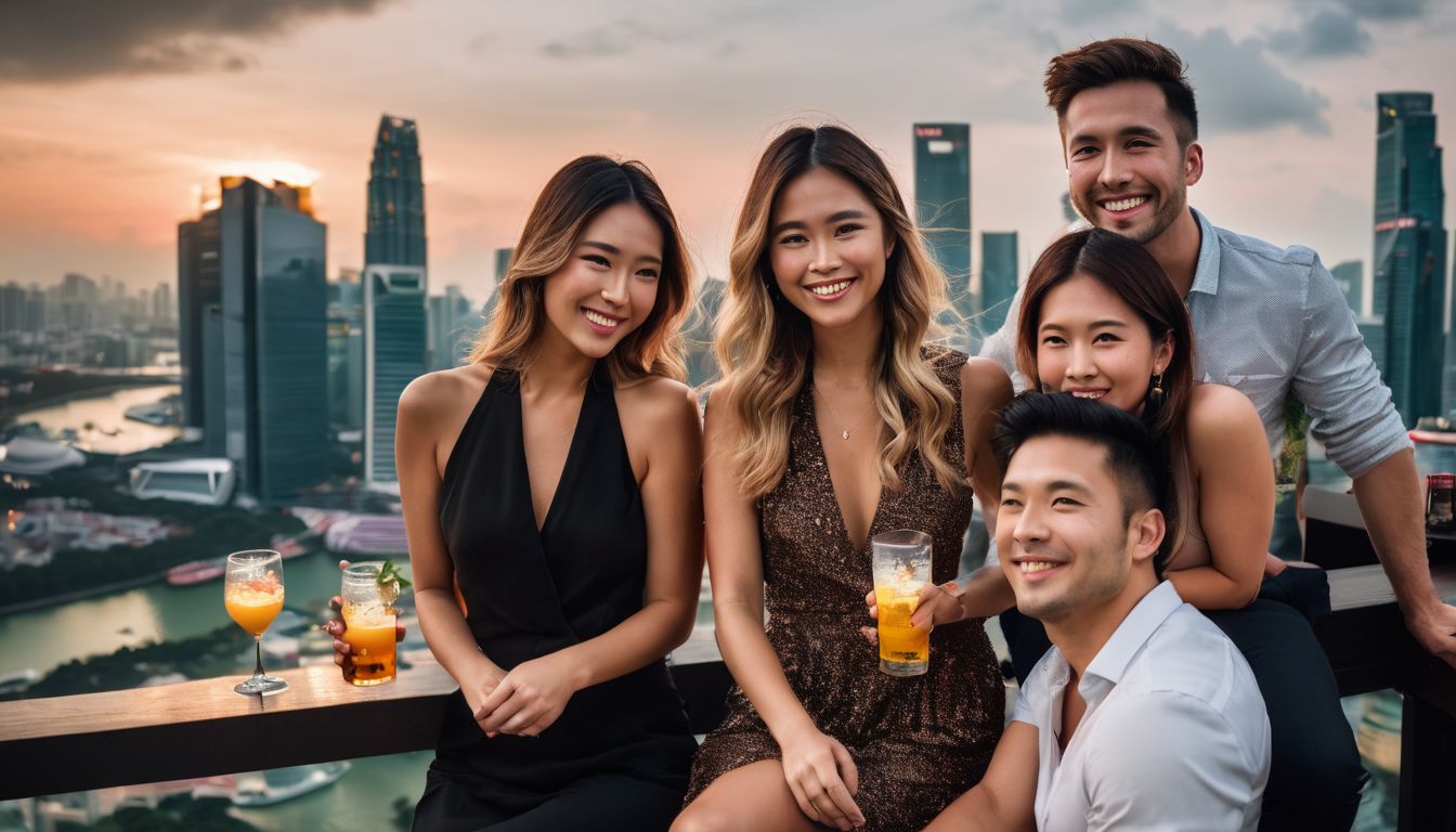 A diverse group of friends enjoy a rooftop bar with a stunning view of downtown Singapore at sunset.