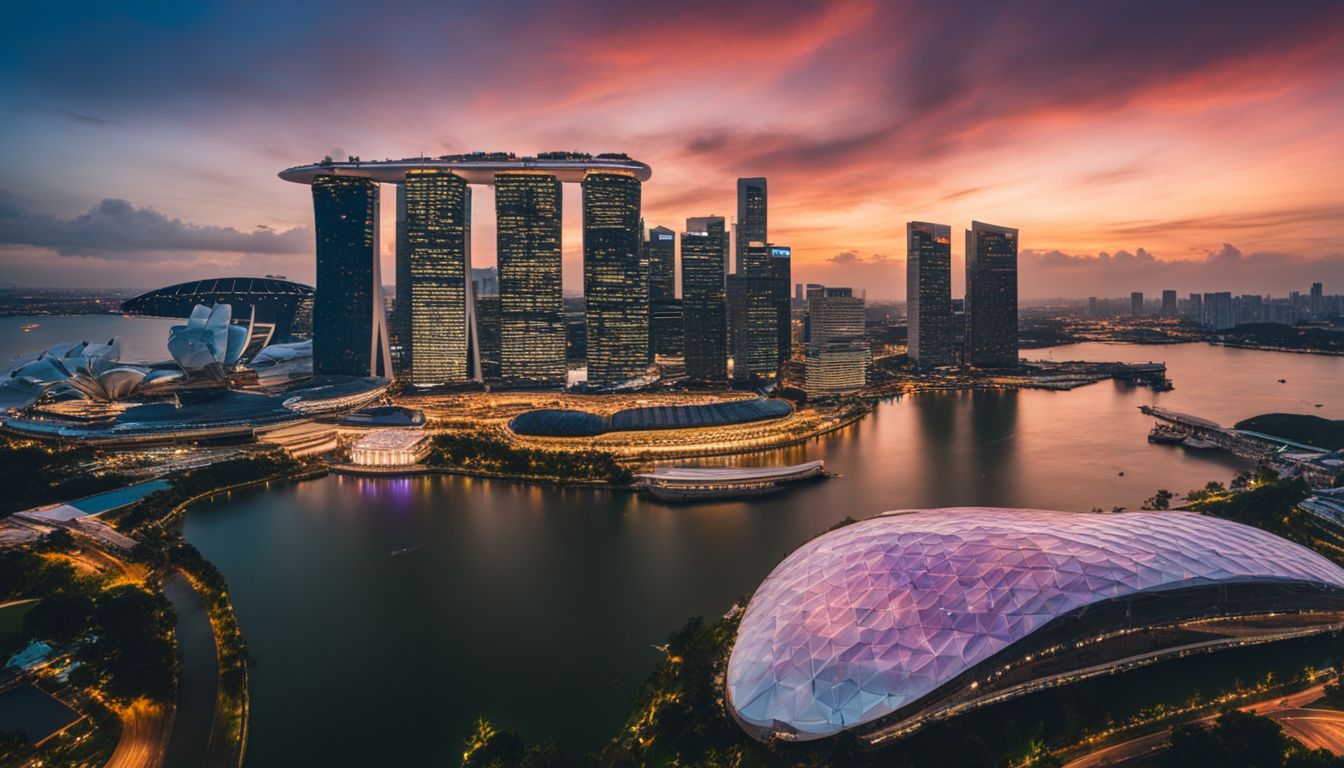 A panoramic aerial view of the Singapore skyline at sunset with a bustling atmosphere and diverse individuals.