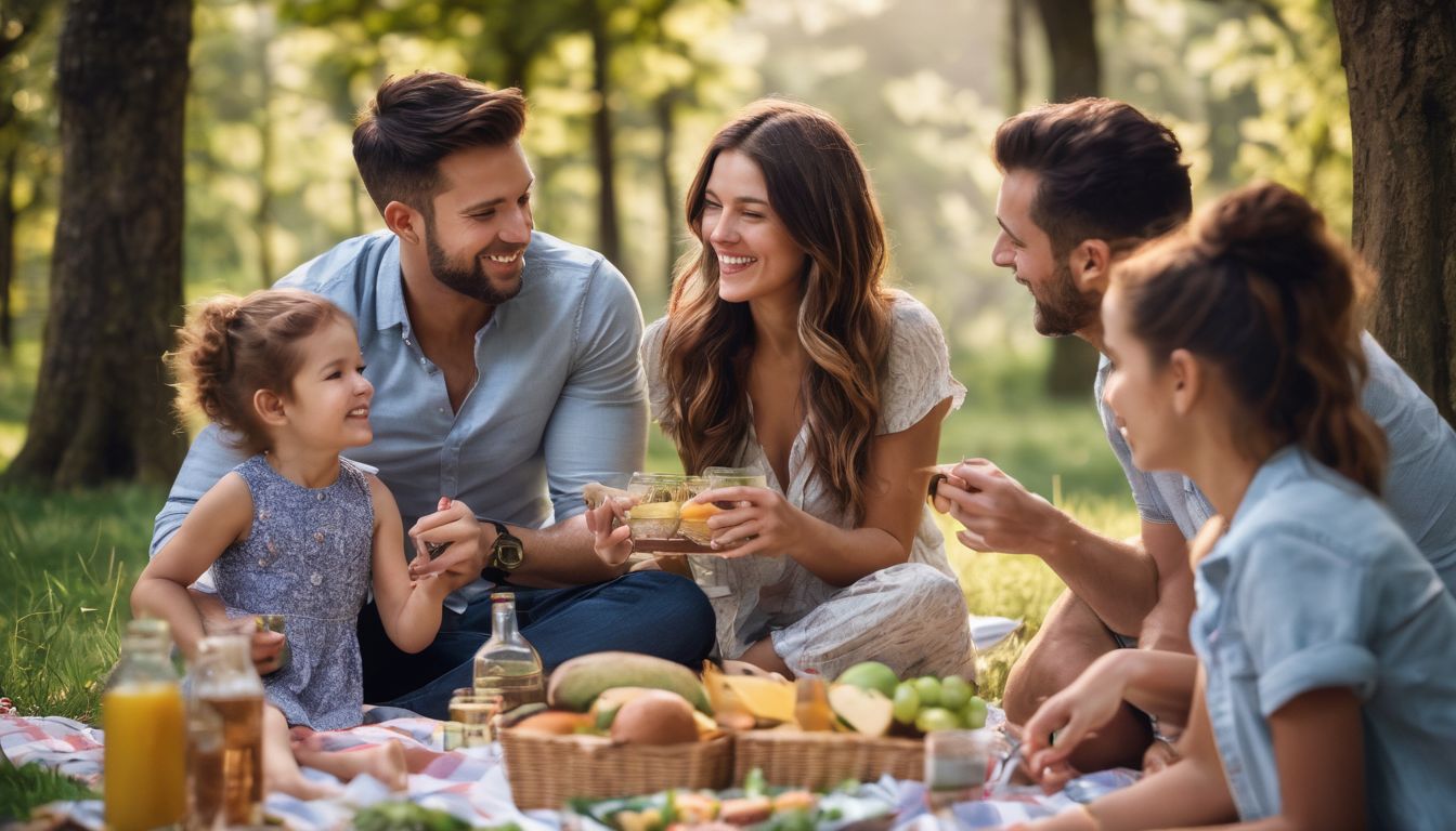 A diverse family enjoys a picnic in a beautiful park surrounded by nature.