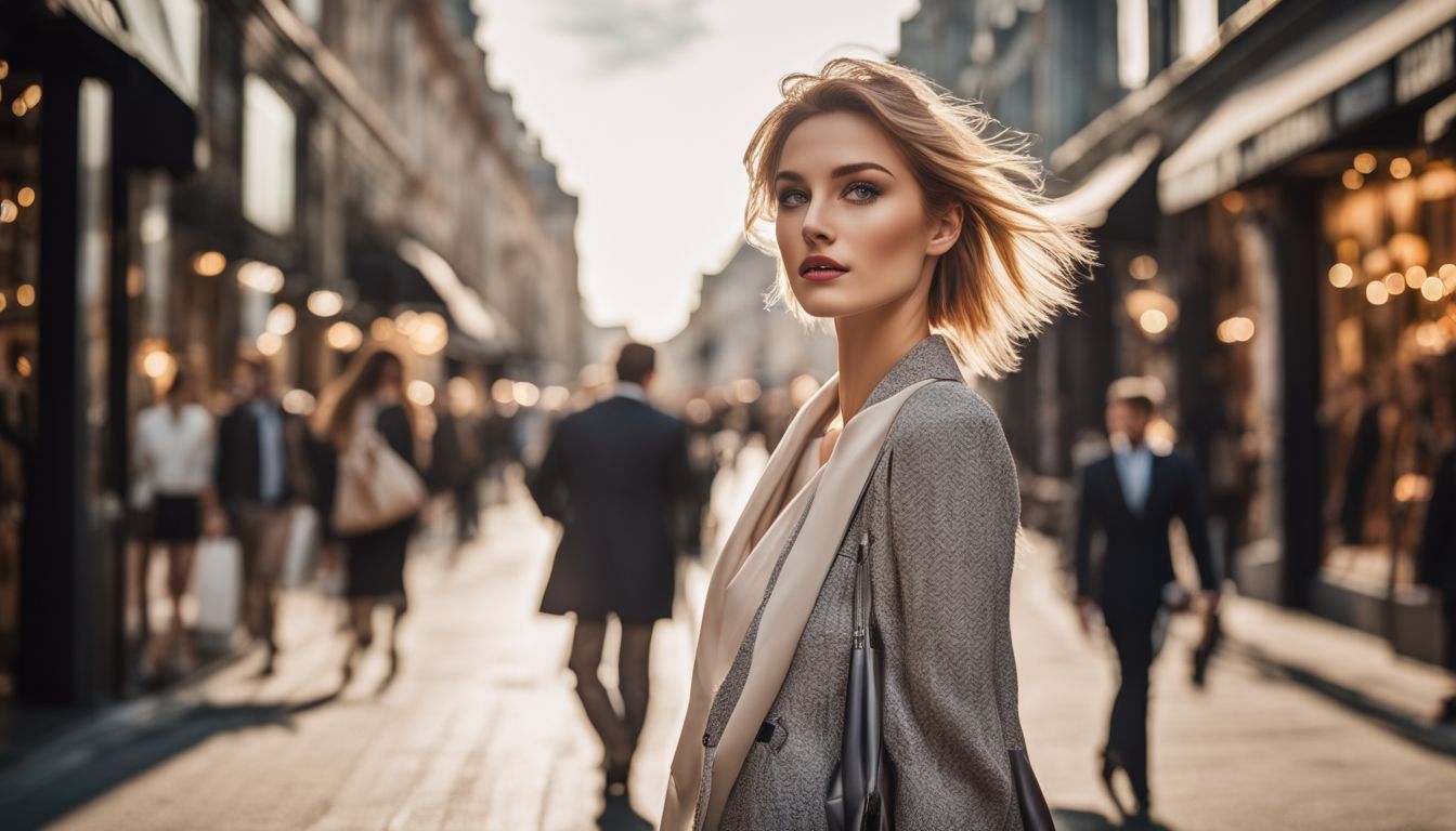 An elegant woman shopping in a luxurious street surrounded by high-end fashion stores.