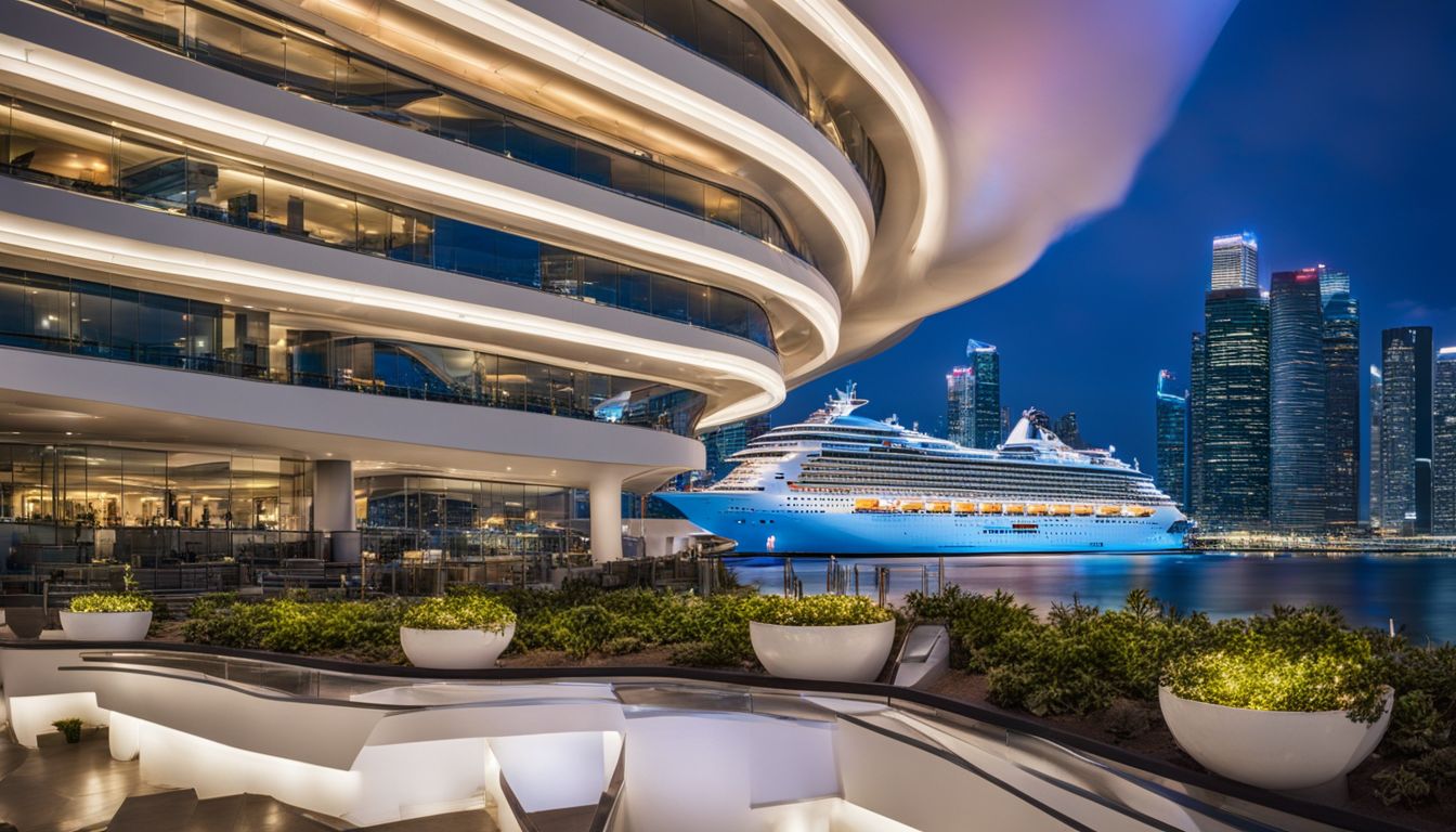 A photo of the modern Marina Bay Cruise Centre with a large cruise ship in the background.