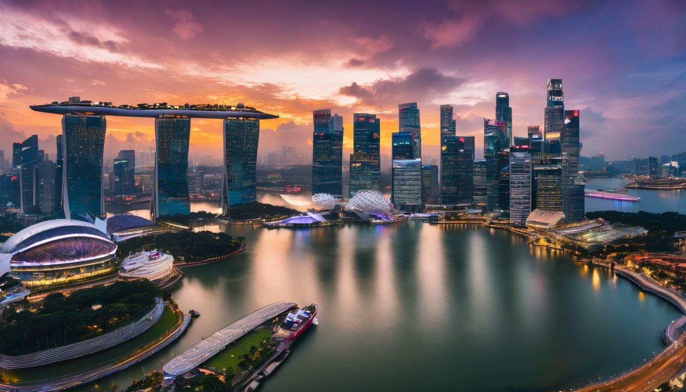 A stunning sunrise over the Singapore skyline, featuring diverse individuals with various hairstyles and outfits.