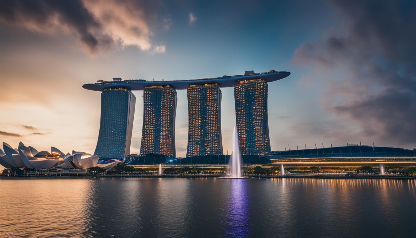 The photo captures the bustling city skyline of Singapore with the iconic Marina Bay Sands.