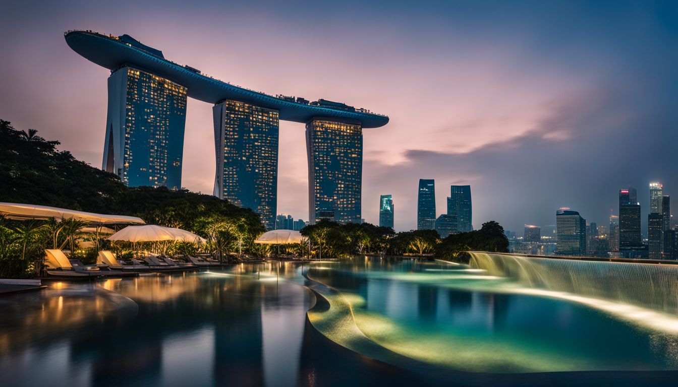 A photo of Marina Bay Sands at night with its iconic rooftop pool and Singapore city skyline, showcasing a bustling atmosphere and diverse individuals.