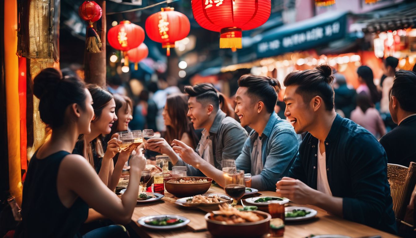 A diverse group of friends enjoy a Chinese banquet surrounded by lively Chinatown street food stalls.