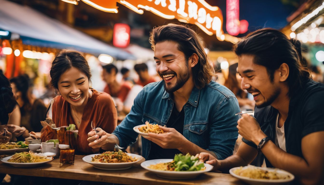 A diverse group of friends enjoying a meal at a vibrant hawker center.