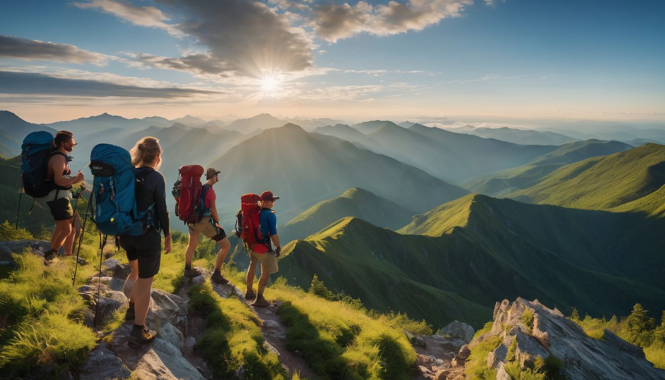 A group of hikers enjoying a stunning mountain peak surrounded by lush green forests and clear blue skies.