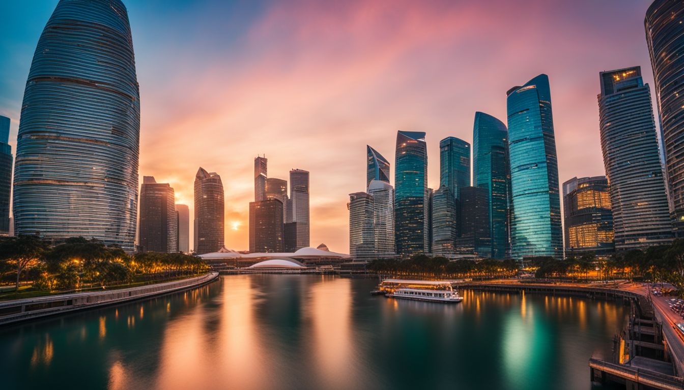 A vibrant and colorful cityscape captured at sunset in Marina Bay with iconic architecture and bustling atmosphere.