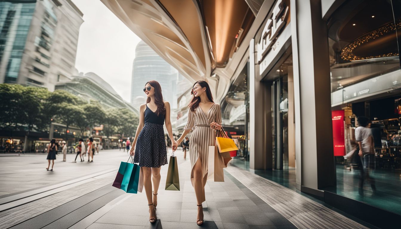A stylish woman confidently walks in front of the entrance to Ngee Ann City with shopping bags.