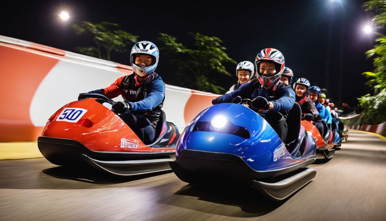A photo capturing the thrilling and exciting experience of people riding the Night Luge at Skyline Luge Sentosa.