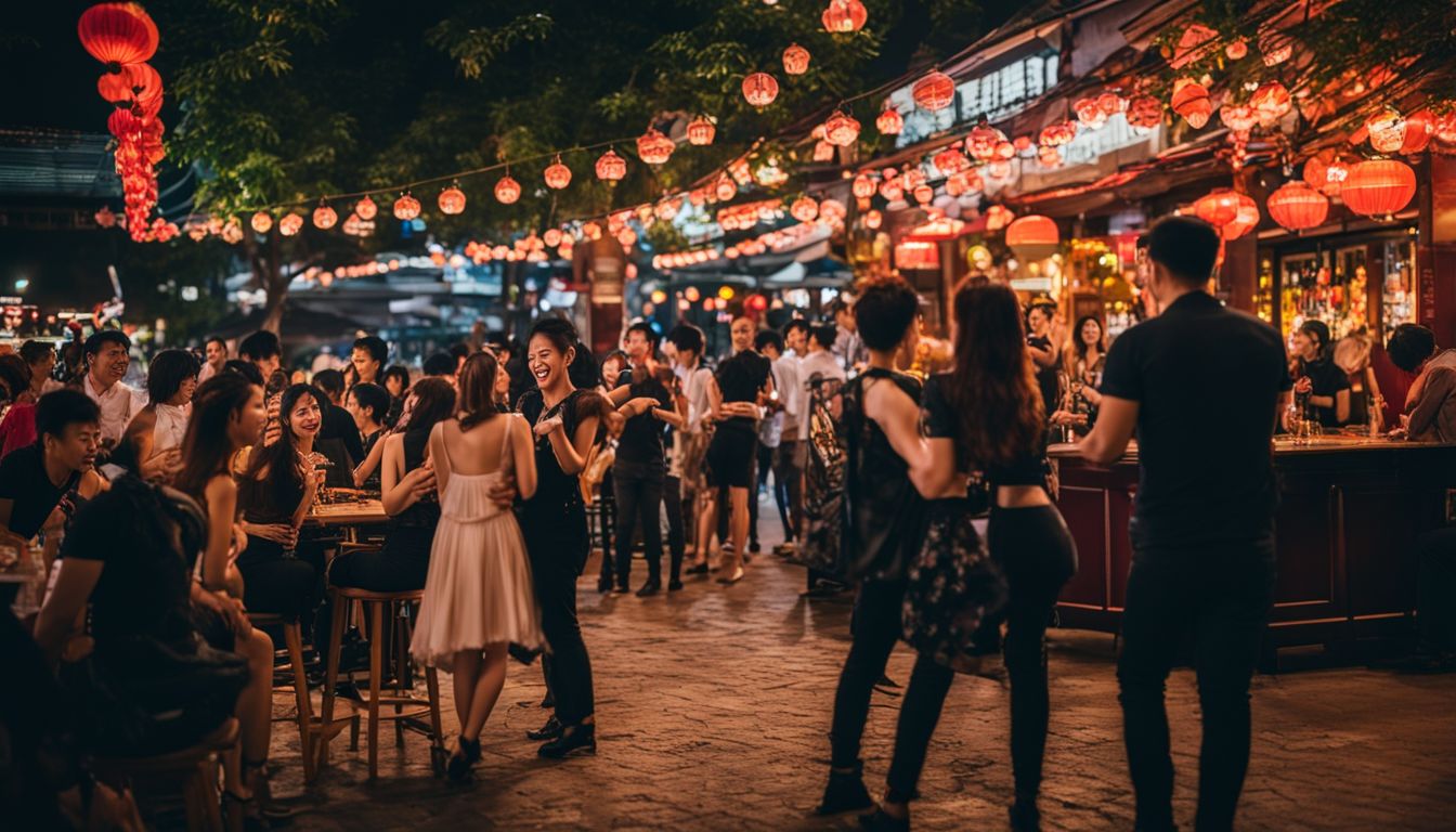 People enjoy live music and dancing at a bustling outdoor bar in Chinatown Singapore.
