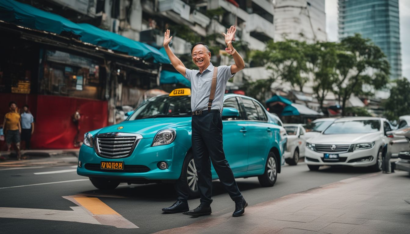 A Singaporean taxi driver with a 'No tipping necessary' sign in the background waves and smiles in a bustling city.
