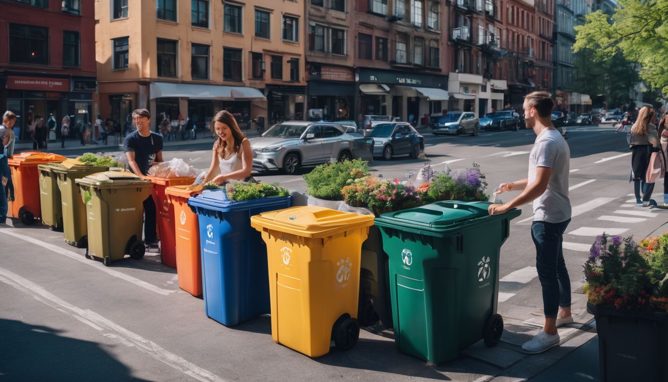 A clean and well-organized city street with people happily disposing waste in recycling bins.