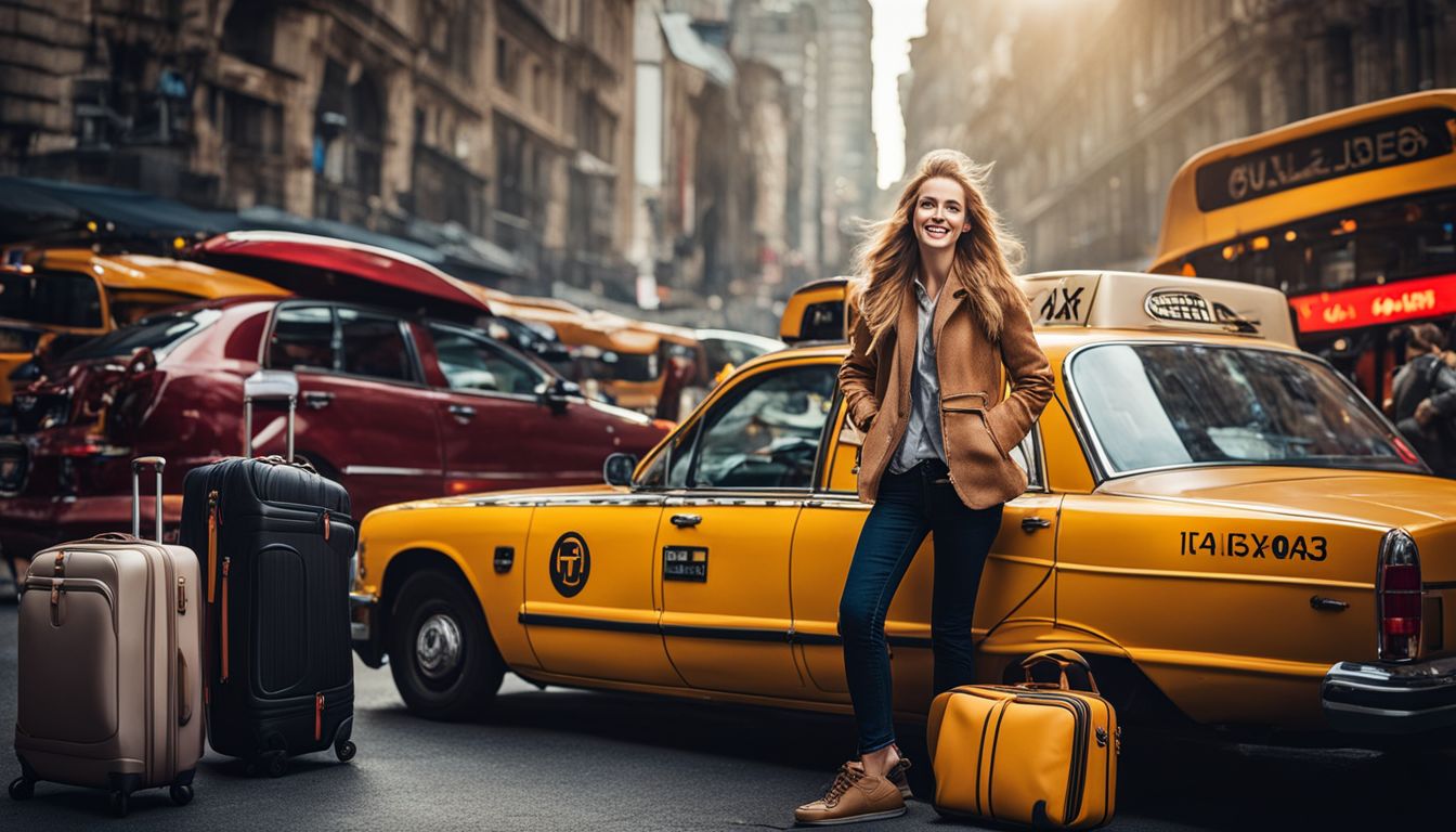 A happy tourist surrounded by luggage and a taxi in a bustling city.