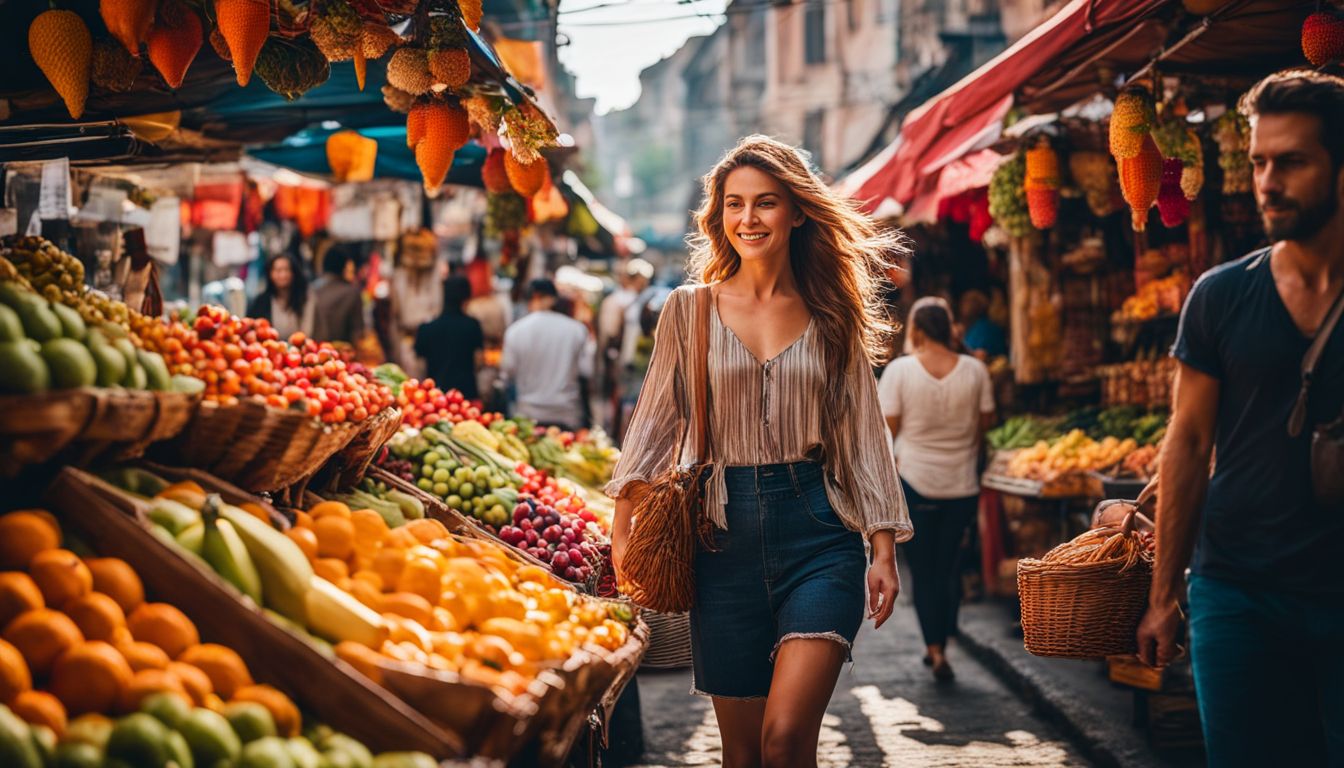 A woman explores a vibrant street market filled with colorful fruits and local delicacies.