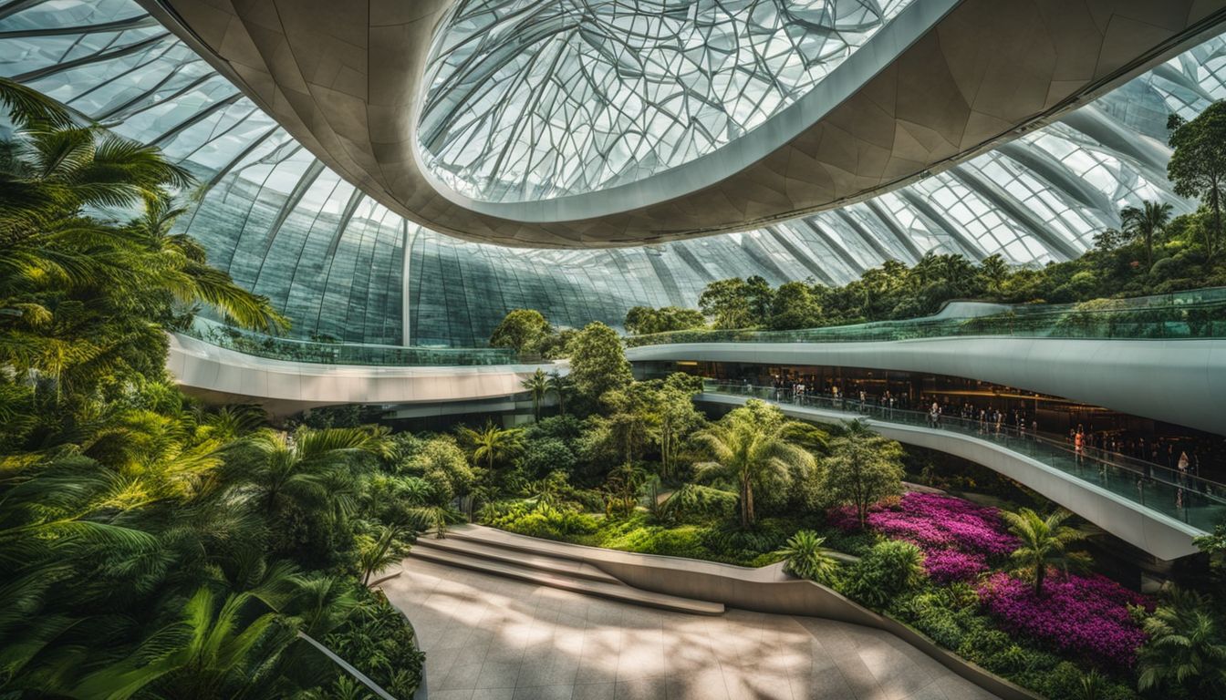 A breathtaking aerial view of the Jewel Changi Airport surrounded by gardens, waterfalls, and a bustling atmosphere.