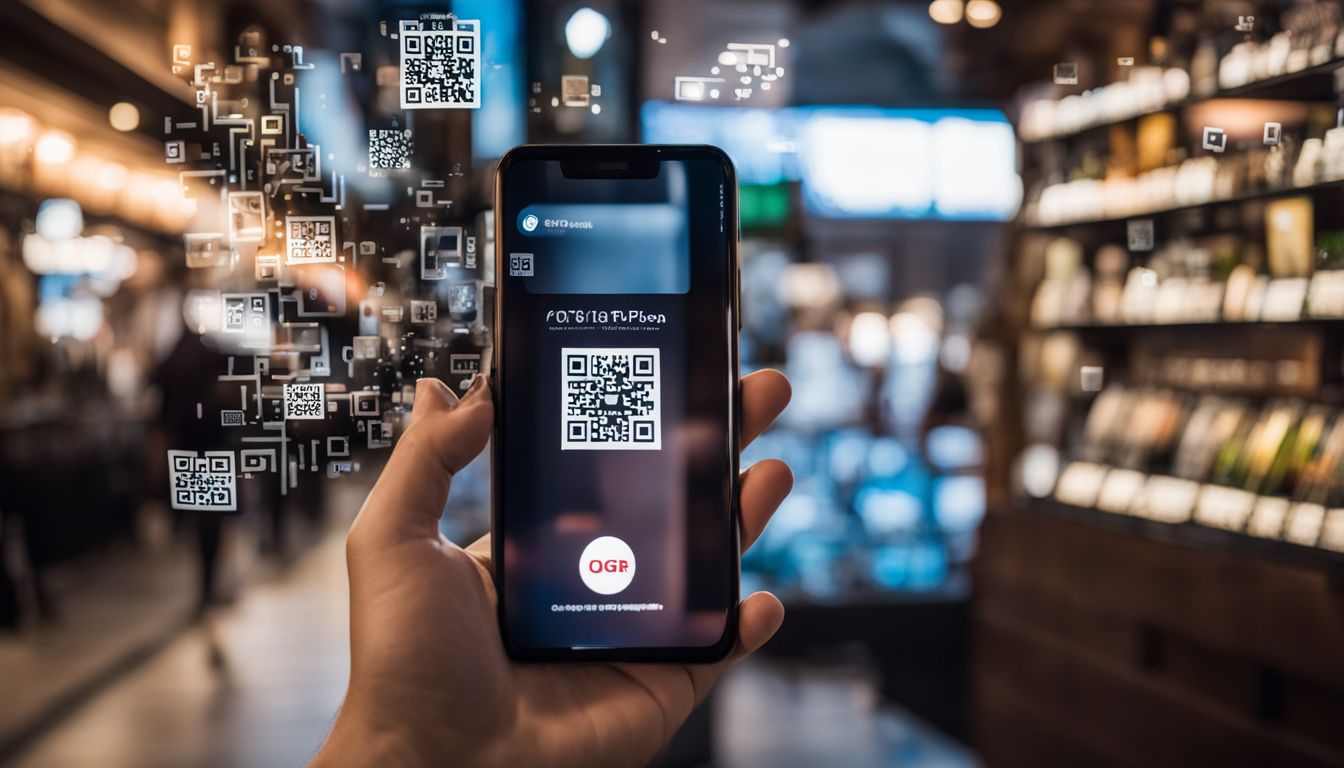 A smartphone displaying QR codes surrounded by digital payment logos and people in various outfits and settings.