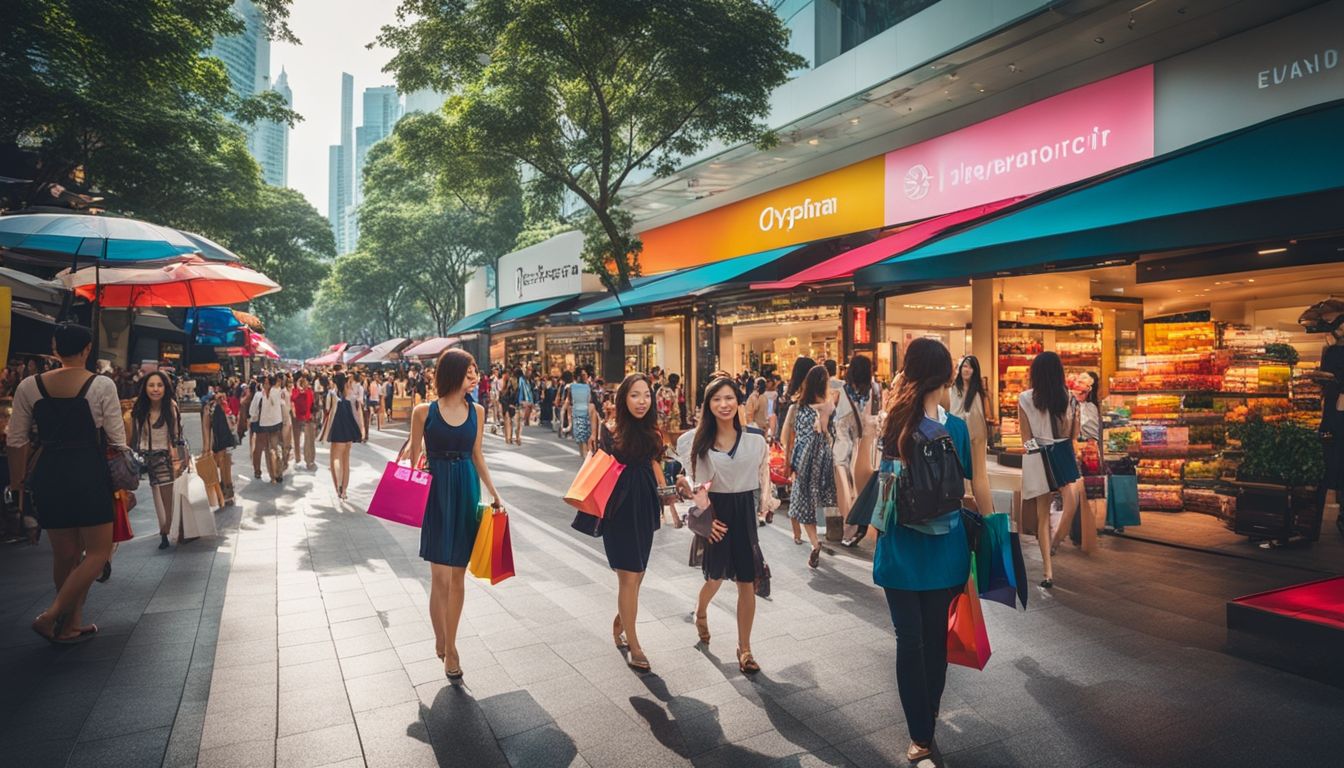 Busy shoppers walk along the vibrant streets of Orchard Road with colorful shopping bags.